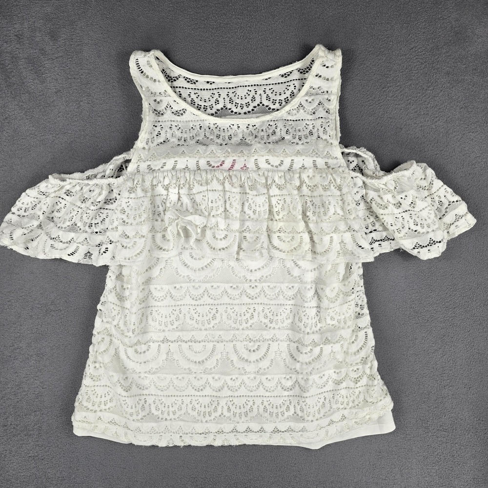 Lilly Pulitzer Shirt Womens Medium White Lace Cold Shoulder Ruffle Boho - Picture 2 of 9
